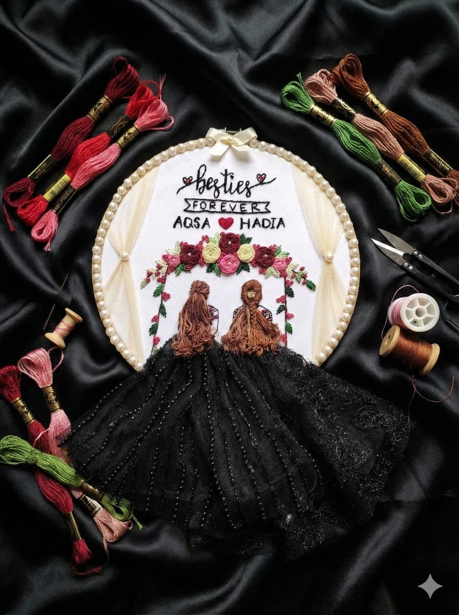 Friendship embroidery hoop with floral arch and 3D lace dresses