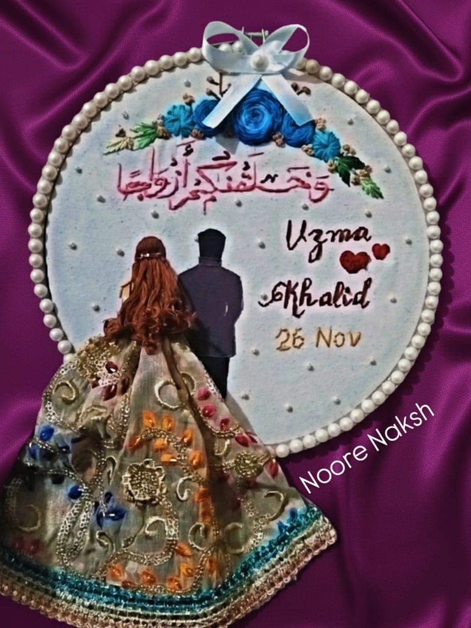 Wedding embroidery hoop with blue roses and 3D lehenga